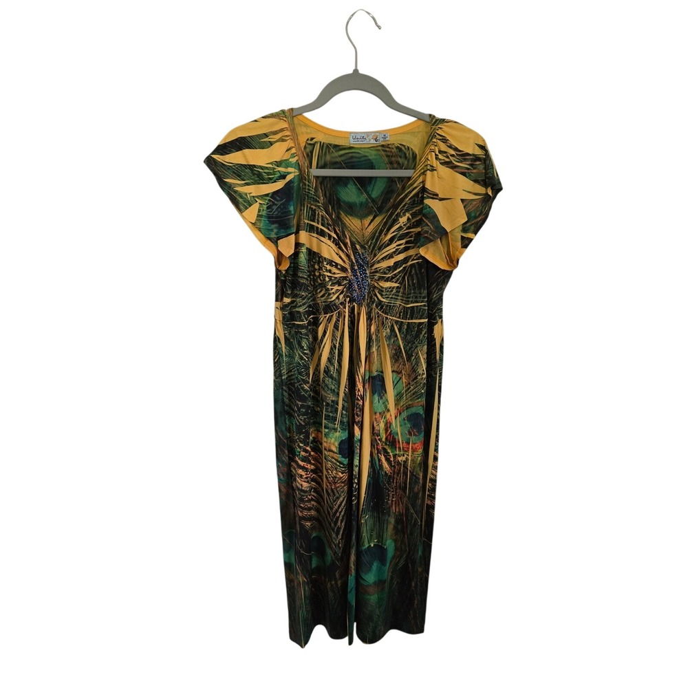 Unity World Wear Green Yellow Peacock Floral Flutter Sleeve Dress Fairycore M